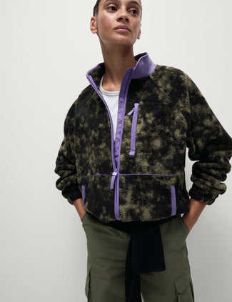 Borg Zip Up Printed Funnel Neck Fleece Jacket - Khaki Mix