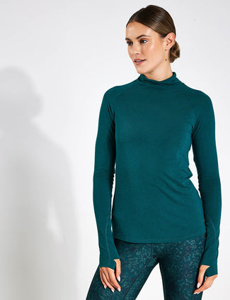 Merinotec Funnel Neck Running Top - Petrol Green
